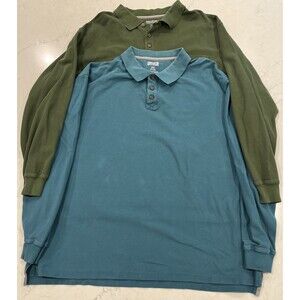 Duluth Trading Mens Long Sleeve 2XL Cotton Pique Polo Shirts Blue Green Lot of 2